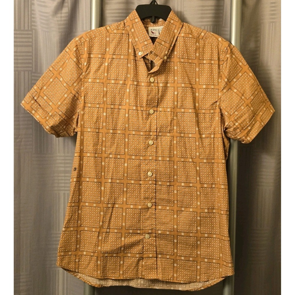 Ken LTD Just For You Button Down Orange All Over Print Short Sleeve Shirt Medium